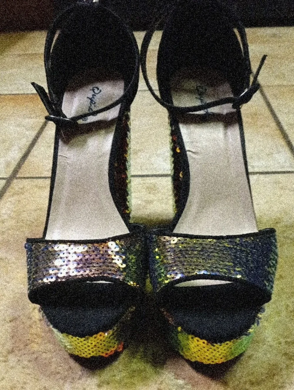Qupid Multicolor Sequin Platform Sandals with Black Ankle Strap